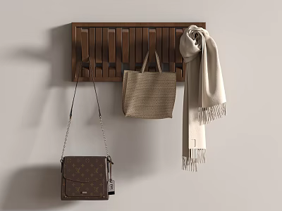 Wall Mounted Wooden Hook Rack With Woven Tote Bag Beige Scarf And Brown Handbag 3d model Wall Mounted Wooden Hook Rack With Woven Tote Bag Beige Scarf And Brown Handbag 3d model