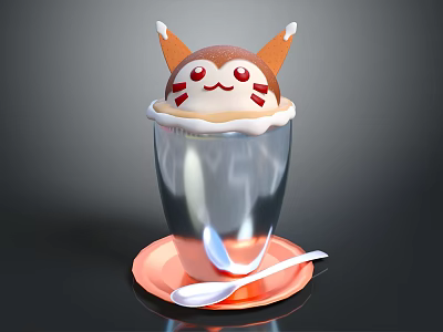 Cute Cartoon Character Sculpture Carving In Cup With Red Cheeks On Orange Saucer And Spoon 3d model
