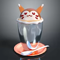 Cute Cartoon Character Sculpture Carving In Cup With Red Cheeks On Orange Saucer And Spoon