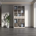 Modern Beige Console Side Cabinet With Storage Shelves Drawers And Green Plant