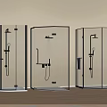 Three Modern Shower Cabins With Transparent Glass Black Frames Light Colored Walls And Wooden Flooring