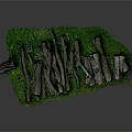 Natural Wooden Logs And Stone Pieces Arranged On Green Grass Surface