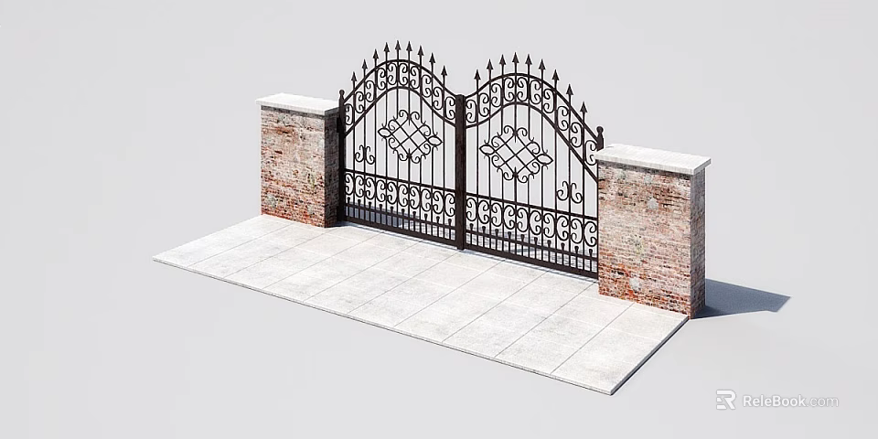 Elegant Iron Entrance Gates With Red Brick Pillars And White Stone Pavement 3d model 