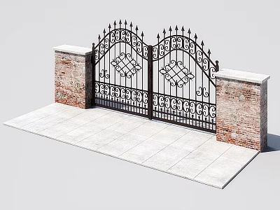 Elegant Iron Entrance Gates With Red Brick Pillars And White Stone Pavement 3d model