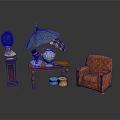 Vintage Indoor Architectural Space With Wooden Table Armchair Decorative Vase Potted Plant And Umbrella