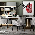 Elegant Modern Dining Table Set With Round Table Houndstooth Chairs Gold Legs And Artwork 3d model