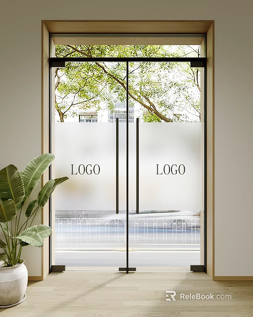 Modern Sliding Doors with Frosted Glass Logo Green Trees Outside and Indoor Plants 3d model 