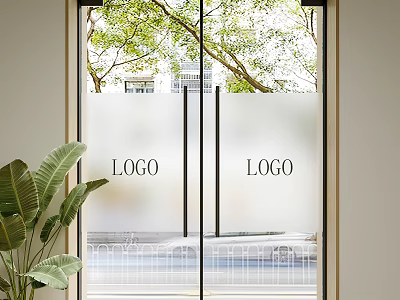 Modern Sliding Doors with Frosted Glass Logo Green Trees Outside and Indoor Plants 3d model