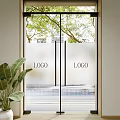 Modern Sliding Doors with Frosted Glass Logo Green Trees Outside and Indoor Plants
