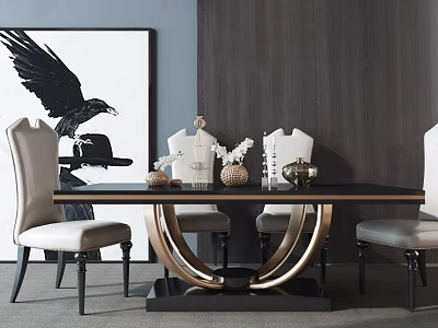 Stylish Dining Table Set With Black Top Gold Base Light Gray Chairs And Artwork 3d model