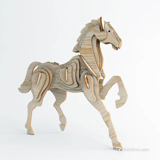 Hand Carved Wooden Horse Sculpture With Intricate Puzzle Structure Design 3d model 
