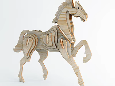 Hand Carved Wooden Horse Sculpture With Intricate Puzzle Structure Design 3d model
