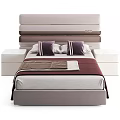 Double Bed with Layered Light Gray Dark Brown Headboard Purple Striped Pillows and White Nightstands