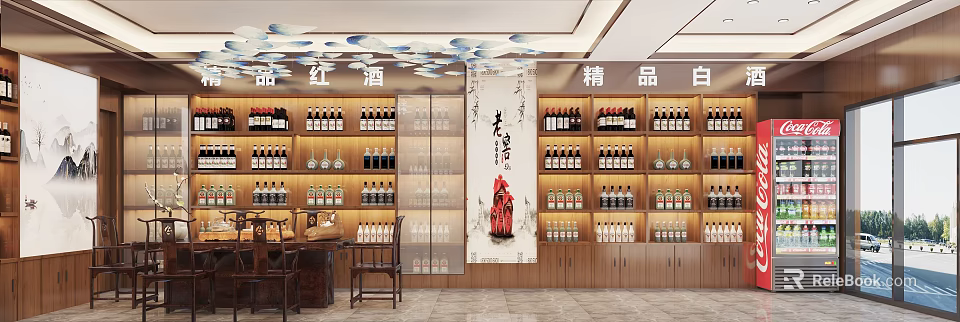 Chinese Style Liquor Store Interior With Wooden Wine Racks And Red Wine 3d model 