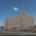 Classical Modern Office Building with Symmetrical Design Large Windows Stone Facade Trees Road and Cars