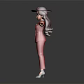 3D Female Character Creature In Red Suit With Hat And Arms Outstretched On Dark Background