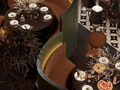Elegant Restaurant Interior With Round Dining Tables Set Food Dishes Decorative Plants And Lighting Fixtures 3d model