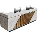 Modern Reception Desk With Marble Countertop And Golden Stripe Decoration And Silver Chairs