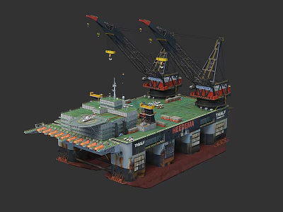 Marine Offshore Drilling Platform Featuring Multiple Cranes And Industrial Deck Structure 3d model