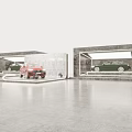 Modern Car Showroom Featuring Red Vehicle On Display Platform And Glass Showcases