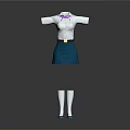Classic School Uniform Outfit With White Shirt Purple Bow Blue Skirt White Stockings And Shoes