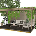 Garden Pergola With Climbing Greenery Wooden Deck Sofa And Coffee Table