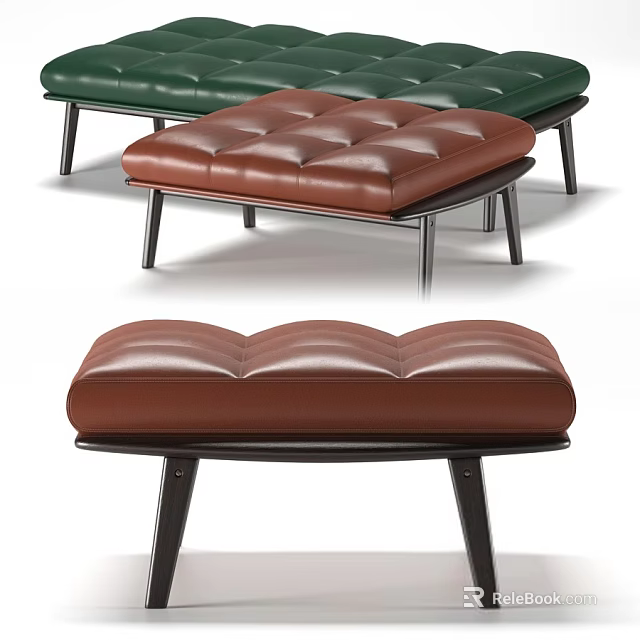 Modern Leather Tufted Ottoman With Green Brown Colors And Metal Legs 3d model 