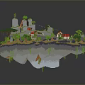 Block Built Fantasy Island Scene With Castles Red Roofed Buildings And Green Trees