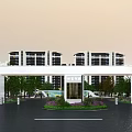 Modern Residential Entrance With Covered Gate Tall Buildings And Green Landscaping