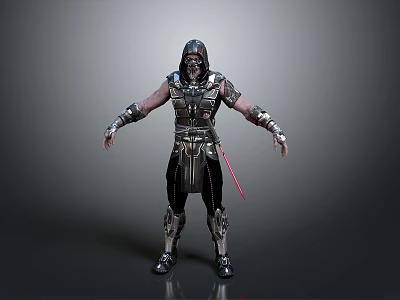 Hooded Warrior 3D Model Wearing Black Silver Armor With Red Sash Standing Pose 3d model