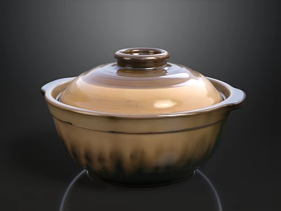 Ceramic Pot With Lid And Two Handles Brown Yellow Gradient On Black Background 3d model