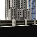 Modern Feature Wall With Columns And Trees Near Modern Buildings With People Walking