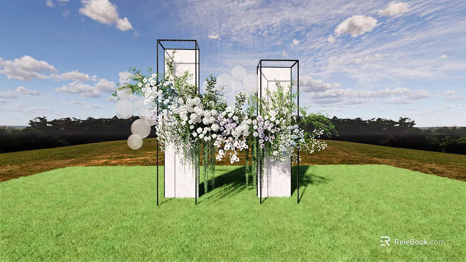 Floral Installation With Black Frame Columns White Lavender Flowers Circular Decorations On Green Grassland 3d model 