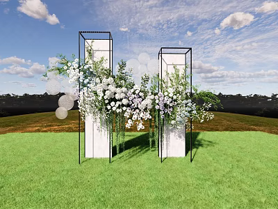 Floral Installation With Black Frame Columns White Lavender Flowers Circular Decorations On Green Grassland 3d model