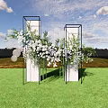 Floral Installation With Black Frame Columns White Lavender Flowers Circular Decorations On Green Grassland