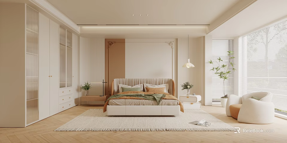 Modern Bedroom Interior Design With Cozy Bed Soft Carpet And Potted Plants 3d model 