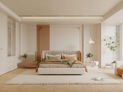 Modern Bedroom Interior Design With Cozy Bed Soft Carpet And Potted Plants 3d model