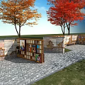 Outdoor Scenic Wall Design With Colorful Squares Red Yellow Trees And Stone Pavement