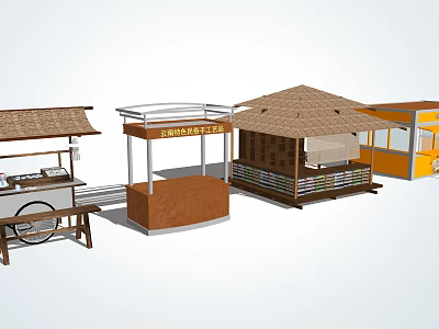 Different Food Vending Kiosks And Mobile Carts With Wooden Structures And Thatched Roofs 3d model