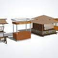 Different Food Vending Kiosks And Mobile Carts With Wooden Structures And Thatched Roofs