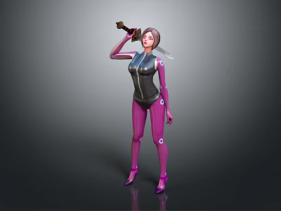 Futuristic Female Game Movie Character Wearing Purple Bodysuit Black Vest And Sword 3d model