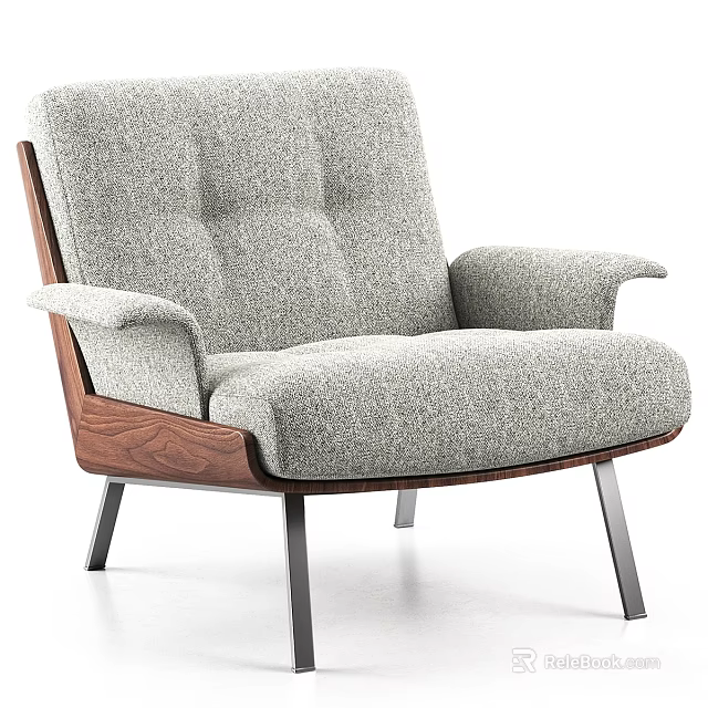 Modern Gray Fabric Leisure Chair With Button Tufted Back Wooden Armrests And Metal Legs 3d model 