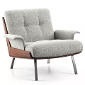 Modern Gray Fabric Leisure Chair With Button Tufted Back Wooden Armrests And Metal Legs