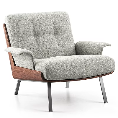 Modern Gray Fabric Leisure Chair With Button Tufted Back Wooden Armrests And Metal Legs 3d model