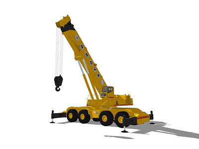 Yellow Mobile Crane Truck With Extended Boom Hook And Wheels 3d model