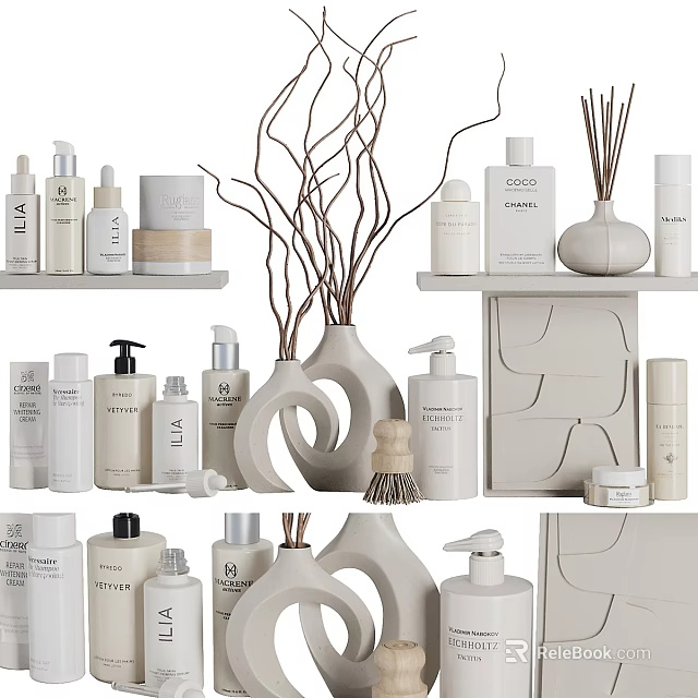 White Tone Bathroom Accessories With Skincare Bottles Diffusers And Decorative Storage 3d model 