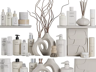 White Tone Bathroom Accessories With Skincare Bottles Diffusers And Decorative Storage 3d model