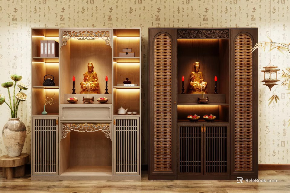 Decorative Buddhist Shrine Cabinets With Buddha Statues Candles Offerings And Bamboo Doors 3d model 