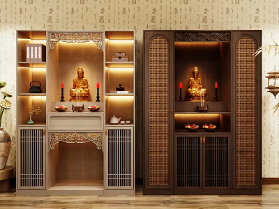 Decorative Buddhist Shrine Cabinets With Buddha Statues Candles Offerings And Bamboo Doors 3d model