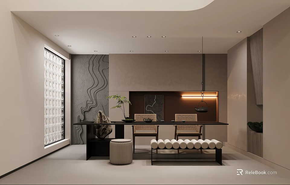 Modern Tea Room Interior With Chic Furniture Art Wall And Lighting 3d model 